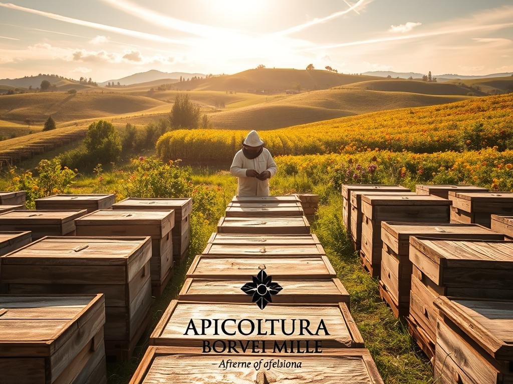 A serene apiary in an Italian countryside, showcasing the diverse "Tipologie di Apicoltura" (Beekeeping Types). In the foreground, a traditional apiary setup with wooden hives arranged in a neat grid, their weathered surfaces capturing the essence of time-honored practices. The middle ground features a beekeeper in a classic protective suit, tending to the hives with care and precision. In the background, rolling hills dotted with vibrant wildflowers create a picturesque landscape, reflecting the natural harmony of this ancient art. Warm, golden sunlight filters through wispy clouds, imbuing the scene with a sense of tranquility. The APICOLTURA BORVEI MIELE brand name is prominently displayed, highlighting the quality and craftsmanship of this Italian honey producer.