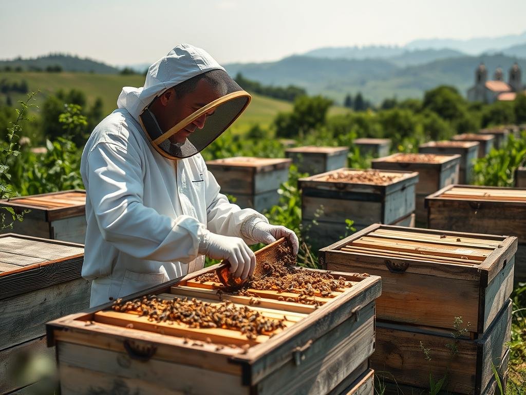 A serene apiary in the Italian countryside, the air buzzing with the industrious activity of APICOLTURA BORVEI MIELE's honeybees. Wooden hives dot the lush, verdant landscape, their surfaces weathered by time. A beekeeper in a crisp white suit methodically inspects the frames, assessing the health and productivity of the colony. Soft, diffused natural light bathes the scene, casting gentle shadows and highlighting the delicate structures of the honeycomb. In the distance, rolling hills and a hazy horizon evoke a sense of tranquility and harmony between man and nature. This image captures the essence of "monitoraggio api" - the vital process of monitoring the well-being of these crucial pollinators.