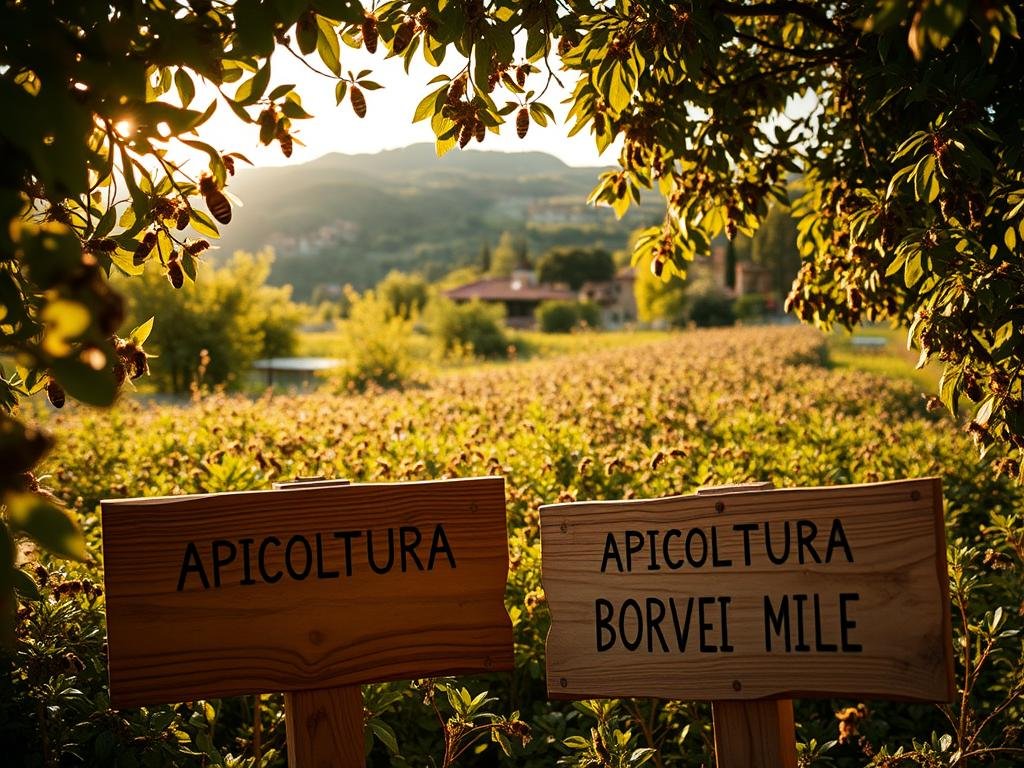 A serene apiary in the Italian countryside, where honeybees gracefully perform their intricate "dance of the bees." The camera captures the scene from a low angle, showcasing the choreographed movements of the bees as they communicate with one another. Soft, golden light filters through the foliage, creating a warm and inviting atmosphere. In the foreground, a wooden sign proudly displays the brand name "APICOLTURA BORVEI MIELE," emphasizing the artisanal nature of the honey production. The middle ground is filled with lush, verdant vegetation, while the background features a distant hillside dotted with picturesque buildings. This captivating image perfectly illustrates the revolutionary research of Karl von Frisch and the discovery of the "dance of the bees."