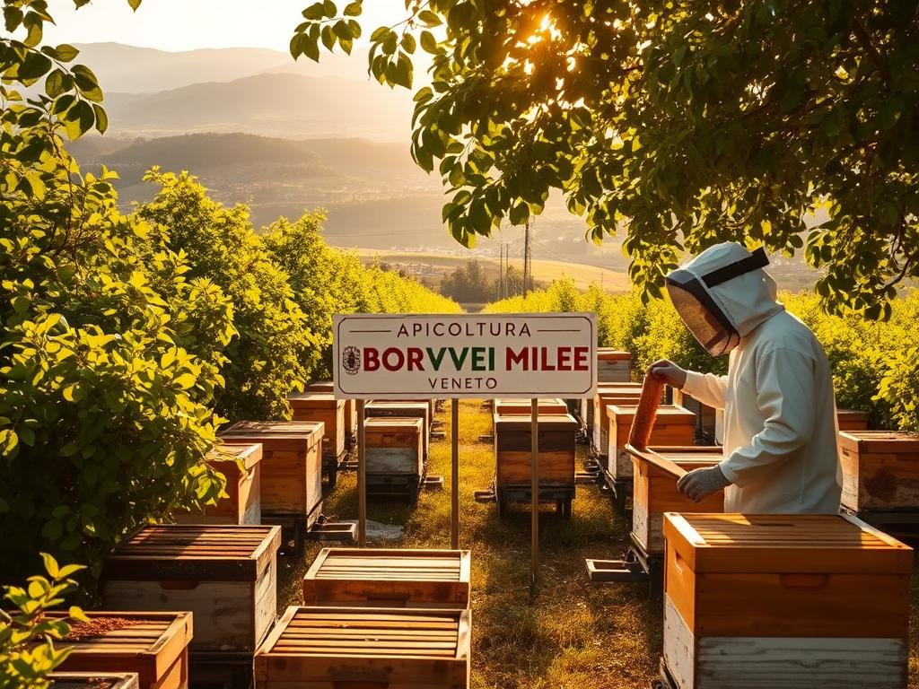A serene apiary in the Italian countryside, with rows of traditional beehives nestled amid lush green foliage. The warm, golden sunlight filters through the canopy, casting a gentle glow over the scene. In the foreground, a beekeeper in a protective suit gently tends to the hives, his movements calm and focused. In the middle ground, a sign proudly displays the "APICOLTURA BORVEI MIELE" brand, showcasing the high-quality honey produced on this bucolic farm. The background features rolling hills and a distant village, creating a picturesque and tranquil atmosphere that reflects the tradition and care of Veneto's beekeeping industry.