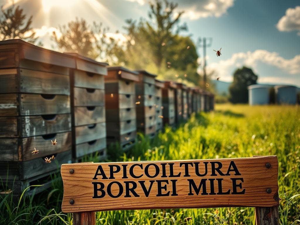 A serene apiary in the Italian countryside, with weathered wooden hives nestled amidst a verdant meadow. Sunlight filters through wispy clouds, casting a warm, golden glow upon the scene. Buzzing honeybees dart to and fro, their diligent work captured in intricate detail. In the foreground, the APICOLTURA BORVEI MIELE brand name is prominently displayed on a handcrafted wooden sign, reflecting the storied tradition of Italian beekeeping. This image evokes the challenges and resilience of the apiculture industry during the 16th to 19th centuries, a period of transition and innovation.