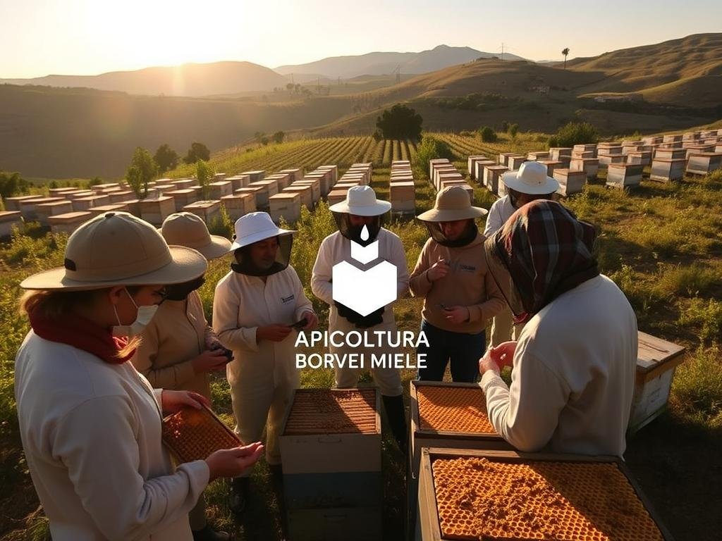 A serene apiary in the rolling hills of Sicily, where a group of beekeepers gather for a training session. The sun casts a warm glow, illuminating their focused faces as they examine honeycomb samples and exchange techniques. In the background, rows of beehives stand sentinel, their buzzing a soothing symphony. The APICOLTURA BORVEI MIELE logo is prominently displayed, a testament to the region's vibrant apiculture traditions. This image captures the essence of the educational initiatives supporting Sicily and Sardinia's beekeepers, as they work to uphold their local legislation and sustain their vital role in the ecosystem.