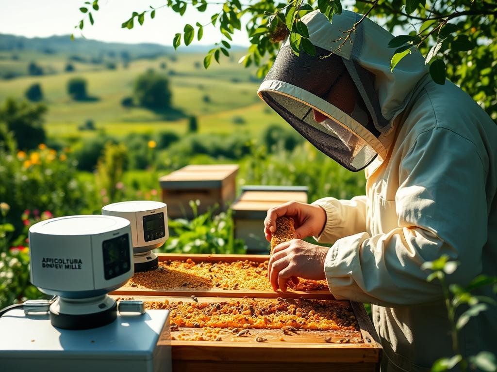 A serene apiary nestled amidst lush Italian countryside, illuminated by soft natural light. In the foreground, a series of remote monitoring devices seamlessly integrated with the APICOLTURA BORVEI MIELE brand, meticulously tracking hive activity and environmental conditions. The middle ground showcases a beekeeper carefully inspecting a honeycomb, their face obscured by a protective veil. In the background, a verdant landscape dotted with wildflowers and the silhouettes of beehives, symbolizing the harmonious coexistence of technology and traditional apiculture. The scene conveys a sense of tranquility, efficiency, and the sustainable stewardship of the apiary.