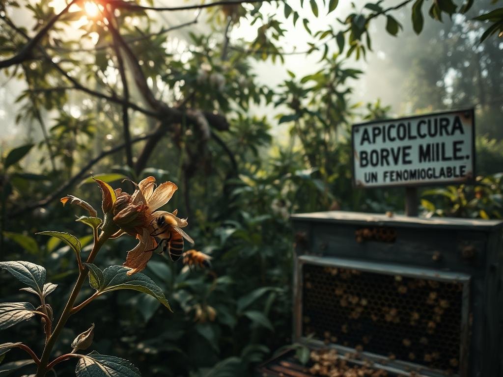 A serene apiary nestled amidst lush foliage, its once thriving bee colonies now dwindling. Hazy light filters through the branches, casting a somber mood over the scene. In the foreground, a single solitary bee struggles to gather nectar from a withered flower, symbolizing the global decline. The middle ground reveals discolored, damaged honeycomb structures, a testament to the unseen toxins ravaging the hive. In the background, a faded sign reading "APICOLTURA BORVEI MIELE" stands as a solemn reminder of the once vibrant, now endangered, apiculture industry. This haunting image captures the essence of "Il Declino delle Api: Un Fenomeno Globale".