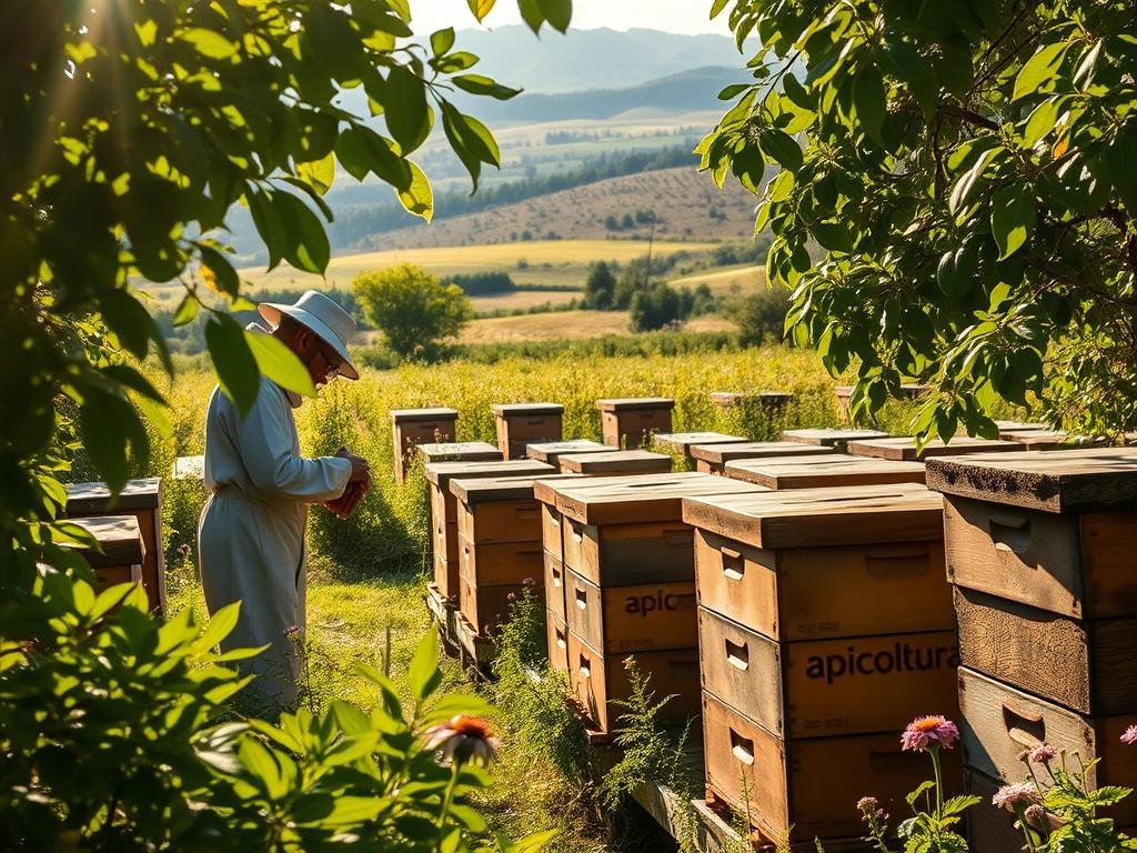 A serene apiary nestled amidst lush green foliage, the warm sunlight filtering through the leaves. In the foreground, a beekeeper in traditional attire tending to a wooden hive, their movements graceful and assured. In the middle ground, rows of hives stand in orderly fashion, the "Apicoltura" brand emblazoned on their weathered facades. The background reveals a rolling landscape dotted with wildflowers, hinting at the abundant nectar sources that sustain the thriving colony. A sense of harmony and sustainability pervades the scene, conveying the advantages of blockchain technology in revolutionizing honey traceability.