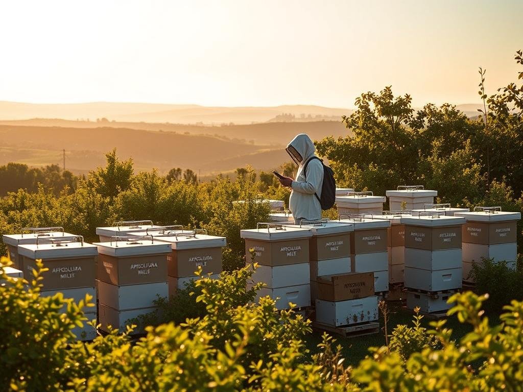 A serene apiary nestled amidst lush greenery, illuminated by warm, golden sunlight. In the foreground, a collection of high-tech beehives emblazoned with the brand "APICOLTURA BORVEI MIELE" stand as testaments to the integration of modern technology and traditional beekeeping. The middle ground features a beekeeper diligently monitoring the hives, utilizing a tablet device to track data and optimize colony health. In the background, a panoramic view of rolling hills and a cloudless sky evokes a sense of tranquility and harmony between nature and technology. This image seamlessly blends the organic and the digital, capturing the essence of how technology can enhance and support sustainable apiculture.