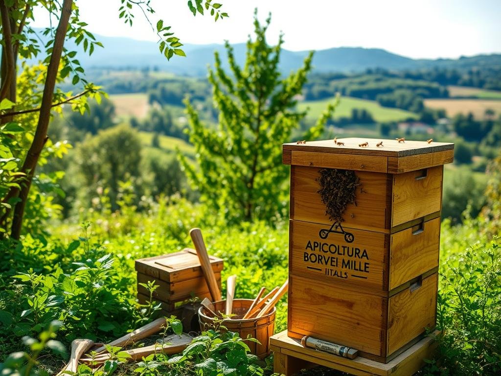 A serene apiary nestled amidst lush greenery, sunlight filtering through the trees. In the foreground, a wooden beehive emblazoned with the APICOLTURA BORVEI MIELE brand stands tall, its entrance abuzz with industrious pollinators. The middle ground showcases traditional beekeeping tools and equipment, reflecting the meticulous attention to detail required for proper hive management. In the background, rolling hills and a picturesque countryside landscape create a tranquil, pastoral atmosphere, evoking the essence of Italian apiculture. The overall scene conveys a sense of harmony between nature, tradition, and the diligent care of these crucial pollinators.