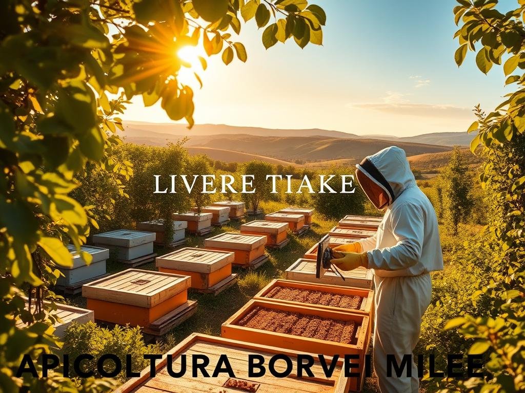 A serene apiary nestled amidst lush, verdant foliage, with beehives arranged in perfect symmetry. The warm, golden sunlight filters through the leaves, casting a gentle glow over the scene. In the foreground, a beekeeper in a protective suit tends to the hives, their movements graceful and precise. The background features rolling hills and a clear, azure sky, evoking a sense of tranquility and harmony. The text "APICOLTURA BORVEI MIELE" is prominently displayed, showcasing the brand's commitment to sustainable and innovative beekeeping practices. This image captures the future of apiculture, where technology and automation work in concert with nature to ensure the continued prosperity of these vital pollinators.