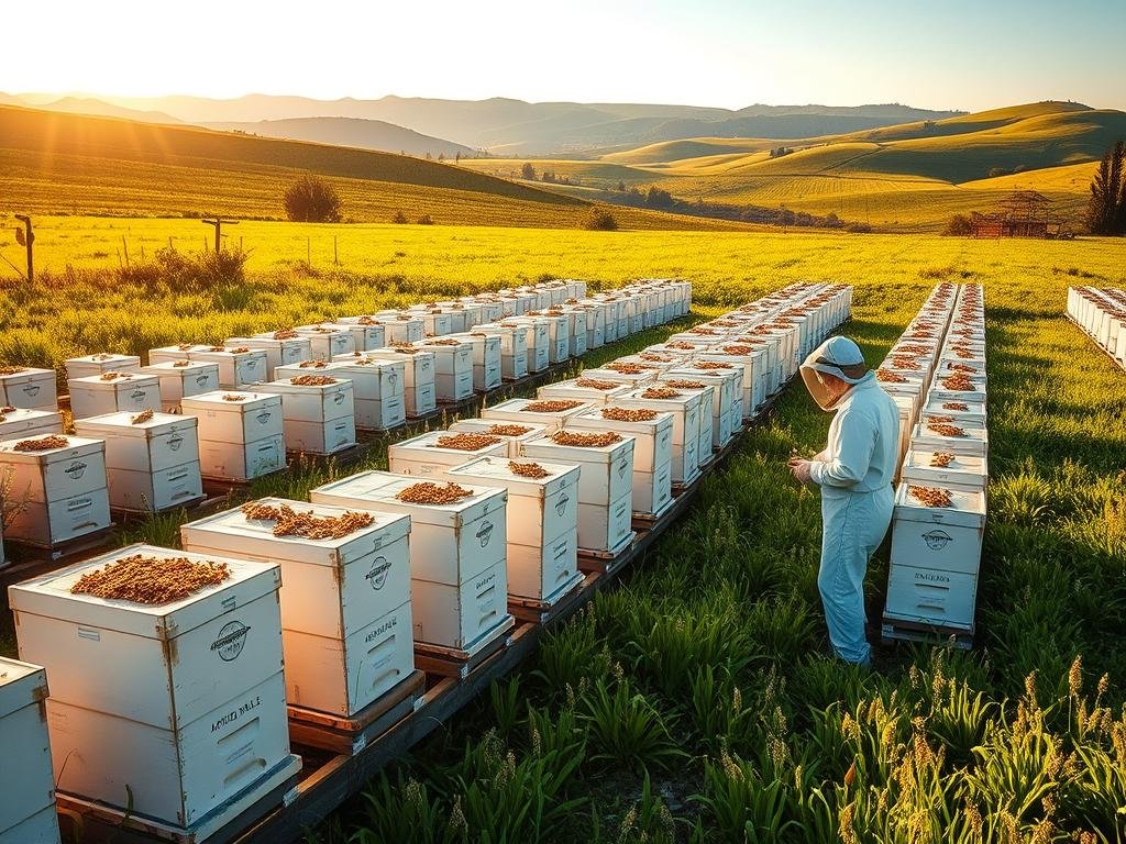 A serene apiary nestled amidst lush, verdant meadows, bathed in golden sunlight. Rows of white beehives stand in orderly formation, their surfaces adorned with the APICOLTURA BORVEI MIELE logo. Nearby, a beekeeper in a protective suit tends to the busy pollinators, surrounded by the soft buzzing of their wings. In the distance, rolling hills and a clear blue sky create a picturesque, pastoral scene. The entire composition evokes a sense of harmony and the natural cycle of life, capturing the essence of sustainable, organic beekeeping.