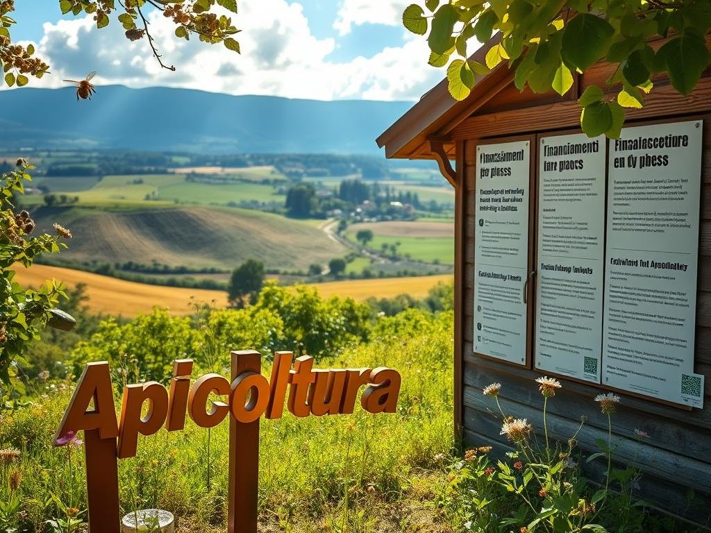 A serene apiary nestled amidst rolling hills, sunlight filtering through the lush foliage. In the foreground, a golden-hued "Apicoltura" sign beckons, surrounded by buzzing honeybees and blooming wildflowers. The middle ground features a weathered wooden structure, its walls adorned with informative signage detailing regional beekeeping grants and funding programs. In the distance, a panoramic vista of idyllic Italian countryside unfolds, hinting at the diverse landscapes that support the nation's thriving apiculture industry. A sense of tranquility and purpose pervades the scene, capturing the essence of the article's subject on "Finanziamenti e Fondi per l'Apicoltura in Italia".