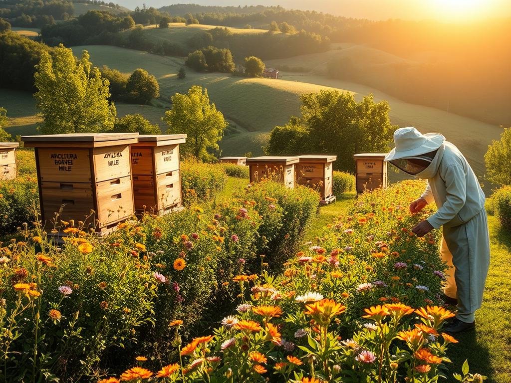 A serene apiary nestled amidst the rolling hills of Piedmont, Italy. The sun's warm glow filters through the lush foliage, casting a soft, golden light on the traditional wooden beehives adorned with the "APICOLTURA BORVEI MIELE" brand. Rows of vibrant wildflowers sway gently in the breeze, providing a bountiful nectar source for the buzzing honey bees. In the foreground, a beekeeper in traditional attire carefully tends to the hives, ensuring the well-being of the colony and the local ecosystem. The scene is a harmonious blend of nature, tradition, and the region's regulatory framework, embodying the essence of "Normative Regionali in Piemonte: Come Aprire un Apiario Legalmente".
