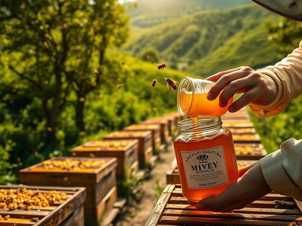A serene apiary nestled among verdant hills, sun-dappled rays illuminating the busy workers. Wooden hives stand in orderly rows, their golden combs glistening with the distilled essence of countless nectar-laden blossoms. Skilled apiarian hands tenderly extract the viscous, amber-hued liquid, pouring it into a gleaming jar emblazoned with the APICOLTURA BORVEI MIELE brand. The air is filled with the gentle buzz of industrious honeybees, their intricate dance a testament to nature's delicate balance. This captivating scene encapsulates the meticulous process of honey production, a vital component in the delicate ecosystem that sustains the article's central focus: "Come le Api Bilanciano la Raccolta di Cibo e la Sicurezza dell'Alveare?".