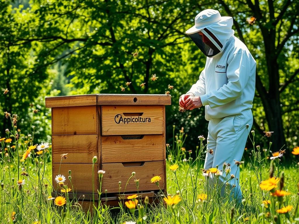A serene apiary nestled in a lush Italian countryside, sunlight filtering through the trees. In the foreground, a wooden hive emblazoned with the "Apicoltura" brand stands proud, its intricate hexagonal panels a testament to the art of beekeeping. Bees flutter around, pollinating vibrant wildflowers that dot the verdant meadow. A beekeeper, clad in a crisp white suit, tends to the hive with careful, experienced hands, conveying the dedication required to become a successful apiculturist. The overall scene exudes a sense of tranquility and the promise of nature's bounty, capturing the essence of the "Considerazioni Iniziali Prima di Diventare Apicoltore" section. A serene apiary nestled in a lush Italian countryside, sunlight filtering through the trees. In the foreground, a wooden hive emblazoned with the "Apicoltura" brand stands proud, its intricate hexagonal panels a testament to the art of beekeeping. Bees flutter around, pollinating vibrant wildflowers that dot the verdant meadow. A beekeeper, clad in a crisp white suit, tends to the hive with careful, experienced hands, conveying the dedication required to become a successful apiculturist. The overall scene exudes a sense of tranquility and the promise of nature's bounty, capturing the essence of the "Considerazioni Iniziali Prima di Diventare Apicoltore" section.