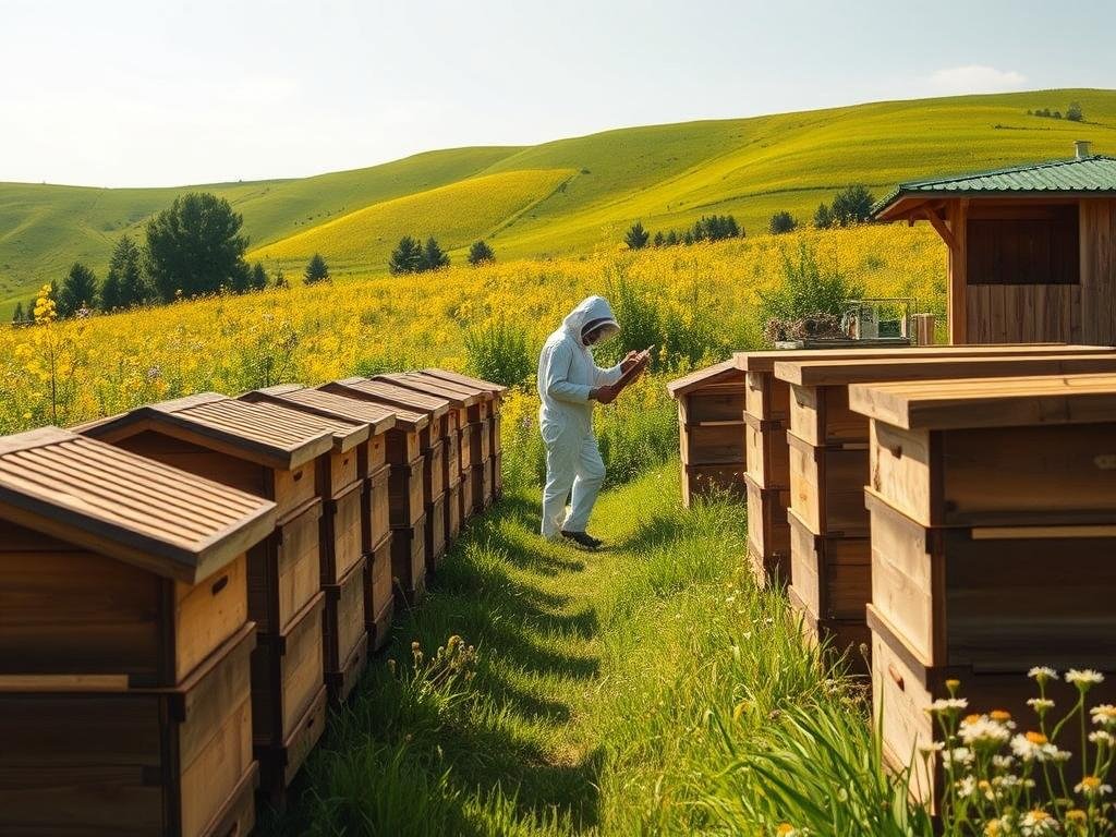 A serene apiary nestled in a lush, sun-dappled meadow, showcasing the timeless techniques of beekeeping as it has been practiced for centuries. Rows of traditional wooden hives, expertly crafted, stand in the foreground, their intricate architecture a testament to the skill of the beekeeper. In the middle ground, a beekeeper in a pristine white suit carefully tends to the bustling colonies, their movements graceful and practiced. The background features a verdant landscape, with rolling hills and vibrant flowers that provide a bountiful nectar source for the industrious pollinators. Warm, golden lighting illuminates the scene, capturing the timeless essence of APICOLTURA BORVEI MIELE, a family-owned apiary that has been a part of Italy's rich beekeeping heritage for generations.