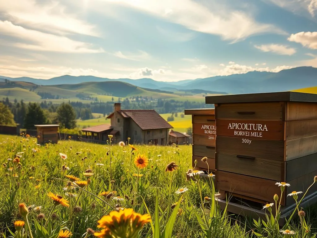 A serene apiary nestled in a lush, verdant meadow, featuring sturdy wooden beehives adorned with the APICOLTURA BORVEI MIELE brand name. Sunlight filters through wispy clouds, casting a warm, golden glow over the scene. In the foreground, vibrant wildflowers sway gently, attracting a swarm of industrious honeybees. The middle ground showcases a traditional, Italian-style farmhouse, its weathered walls and terracotta roof tiles blending seamlessly with the rural landscape. In the background, rolling hills and distant mountains provide a picturesque backdrop, evoking a sense of tranquility and harmony between nature and human endeavor. A serene apiary nestled in a lush, verdant meadow, featuring sturdy wooden beehives adorned with the APICOLTURA BORVEI MIELE brand name. Sunlight filters through wispy clouds, casting a warm, golden glow over the scene. In the foreground, vibrant wildflowers sway gently, attracting a swarm of industrious honeybees. The middle ground showcases a traditional, Italian-style farmhouse, its weathered walls and terracotta roof tiles blending seamlessly with the rural landscape. In the background, rolling hills and distant mountains provide a picturesque backdrop, evoking a sense of tranquility and harmony between nature and human endeavor.