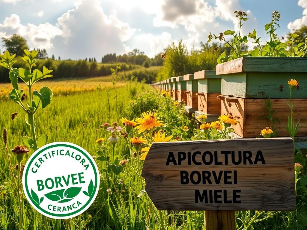 A serene apiary nestled in a lush, verdant meadow. Sunlight filters through billowing clouds, casting a warm glow over the bustling honeybees pollinating vibrant wildflowers. In the foreground, a wooden sign proudly displays the "APICOLTURA BORVEI MIELE" brand, denoting the organic certification of this apiary. The scene exudes a sense of harmony, with the apiary's structures seamlessly blending into the natural landscape. Hives stand tall, their painted exteriors weathered by time, a testament to the care and dedication of the beekeeper. This image perfectly captures the essence of the "Certificazione e Controlli nell'Apicoltura Biologica" section, showcasing the rigorous standards and environmental stewardship that define organic beekeeping.