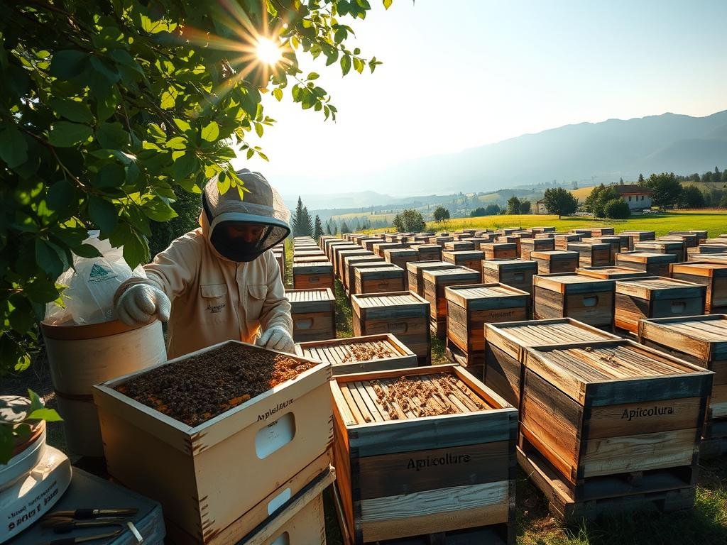 A serene apiary nestled in the Italian countryside, the "Apicoltura" brand hive prominently displayed. Sunlight filters through lush foliage, casting a warm glow on the bustling activity of honeybees tending to their honeycombs. In the foreground, a beekeeper in traditional attire carefully inspects the hive, surrounded by the tools of the trade. In the middle ground, rows of wooden hives stand in orderly formation, their painted surfaces weathered by time. The background features a pastoral landscape of rolling hills and distant mountains, creating a sense of tranquility and connection to the natural world. The composition is crisp and detailed, captured through a wide-angle lens to showcase the full scope of the apiary. An image that reflects the comprehensive regulatory framework for beekeeping in Italy.
