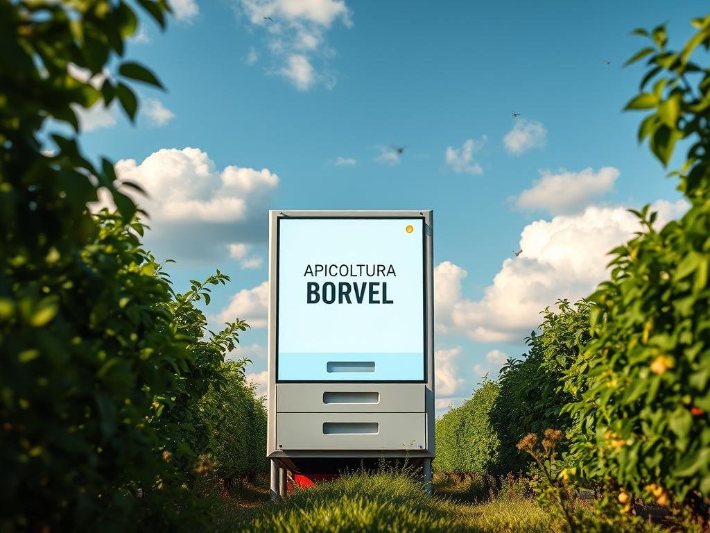 A serene apiary nestled in the Italian countryside, with a focus on secure data management. A central server stands tall, surrounded by lush green foliage and a blue sky dotted with fluffy clouds. The server's screen displays the "APICOLTURA BORVEI MIELE" brand, reflecting the centralized and secure nature of the apiary's data. Warm, natural lighting illuminates the scene, conveying a sense of trust and reliability. The image conveys the importance of data security and protection for the apiary's operations, in line with the section title "Sicurezza e Protezione dei Dati Apistici".
