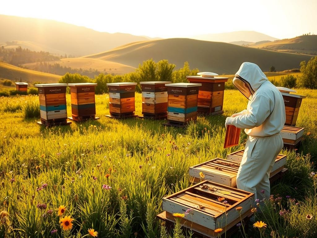 A serene apiary nestled in the lush Italian countryside, bathed in warm golden sunlight. The "Apicoltura" brand's signature beehives stand tall, their intricate designs a testament to the care and dedication of the organic beekeepers. In the foreground, a beekeeper in pristine protective gear tends to the hives, their movements fluid and graceful. The middle ground reveals a verdant meadow, dotted with vibrant wildflowers that dance in the gentle breeze. The background showcases rolling hills, their slopes softened by the hazy summer atmosphere. The overall scene exudes a sense of harmony, reflecting the sustainable and natural practices of organic apiculture.