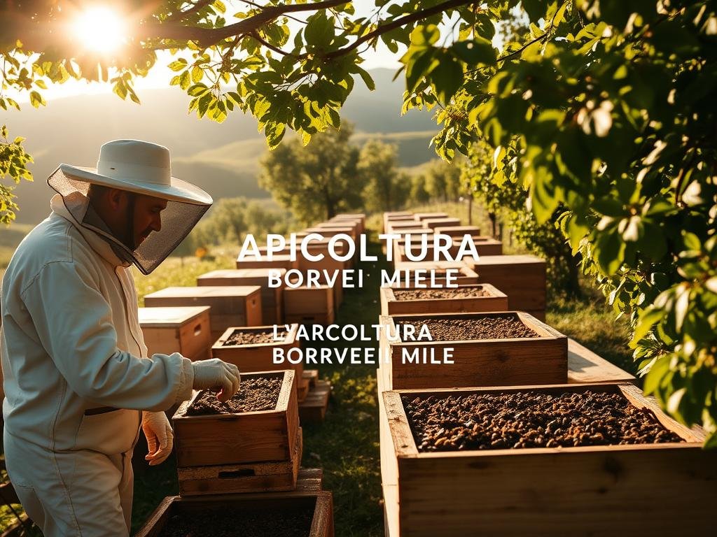 A serene apiary nestled in the rolling hills of Italy, sunlight filtering through the trees casting a warm glow on the traditional wooden beehives. In the foreground, a beekeeper in a classic white uniform carefully inspects the frames, examining the health of the bustling colony within. The middle ground showcases the APICOLTURA BORVEI MIELE brand name, exuding a sense of artisanal craftsmanship. In the background, a lush tapestry of verdant foliage frames the scene, heightening the peaceful atmosphere. The image captures the essence of the "L'Arte dell'Ispezione come Base dell'Apicoltura di Successo" section, highlighting the skill and care required for successful beekeeping.
