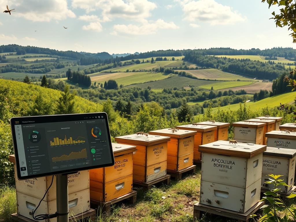 A serene apiary nestled in the rolling hills of the Italian countryside, where beekeepers monitor the activity of their colonies through a state-of-the-art API-driven system. In the foreground, a sleek digital dashboard displays real-time data on hive health, honey production, and environmental conditions. The middle ground features neatly arranged beehives adorned with the "APICOLTURA BORVEI MIELE" brand, their uniform design reflecting the precision and care of the modern apiculturist. In the background, a patchwork of lush, verdant fields and forests provides the natural habitat for the industrious bees, their gentle buzzing underscoring the harmony between technology and the natural world.