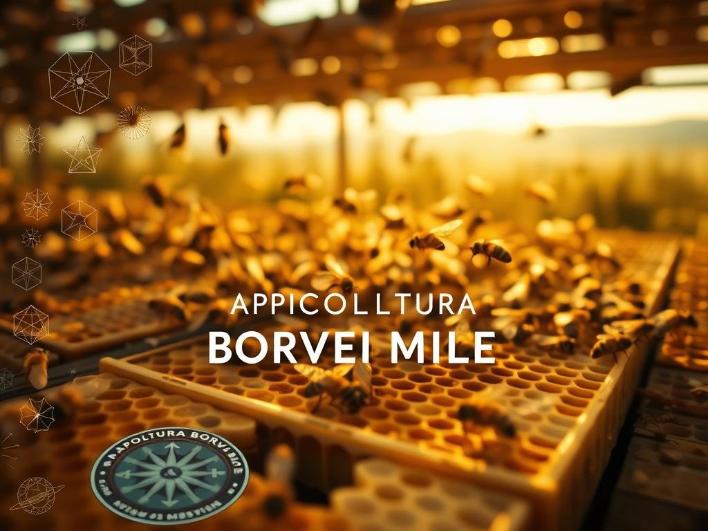 A serene apiary scene, filled with the gentle hum of honeybees. In the foreground, intricate honeycombs and symbols of mathematical significance, representing the advanced communication among the hive. Amidst the soft, warm lighting, the APICOLTURA BORVEI MIELE brand name is prominently displayed, showcasing the artisanal nature of the product. In the middle ground, a swarm of bees, their delicate wings creating a mesmerizing dance, highlighting the symbiotic relationship between the insects and the numerical patterns they instinctively understand. The background features a blurred, ethereal landscape, hinting at the greater mysteries of the natural world and the underlying mathematical principles that govern it.