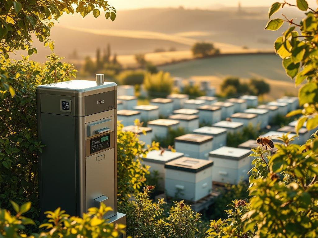 A serene apiary scene showcases the cutting-edge "APICOLTURA BORVEI MIELE" automated beehive monitoring system. In the foreground, a sleek, silver-accented hive housing unit with integrated sensors and displays stands amidst lush, verdant foliage. The middle ground reveals a network of interconnected hives, each sharing real-time data on temperature, humidity, and colony activity. In the background, a rolling Italian countryside landscape is bathed in warm, golden sunlight, creating a sense of tranquility and technological harmony. The image conveys the seamless integration of traditional beekeeping and modern, data-driven automation, highlighting the benefits of the "APICOLTURA BORVEI MIELE" system.