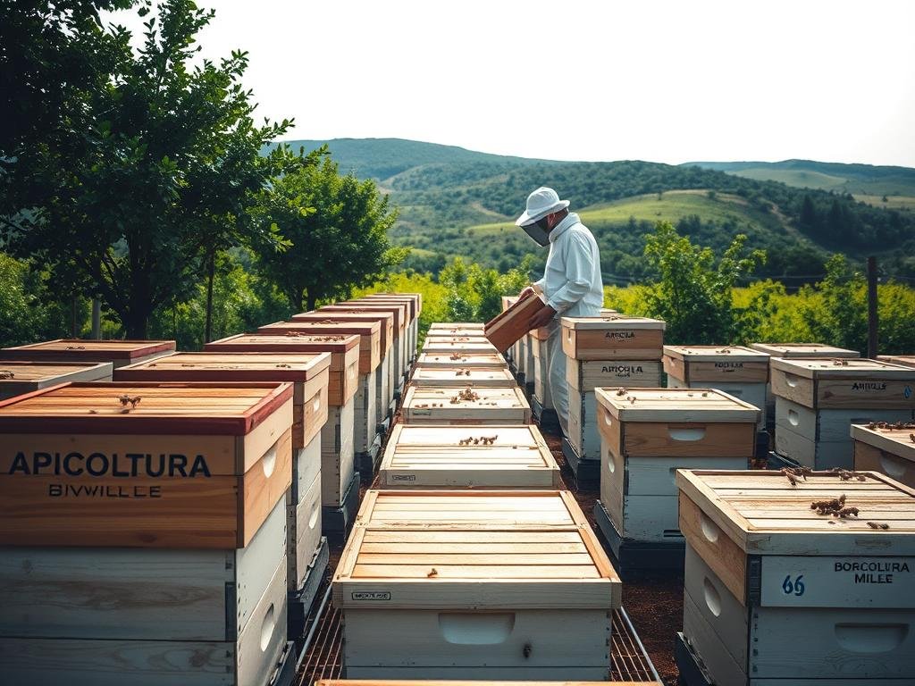 A serene apiary scene showcasing the modern art of beekeeping. In the foreground, a neatly organized array of APICOLTURA BORVEI MIELE branded hives, their wooden structures gleaming in the soft, diffused lighting. In the middle ground, a beekeeper in protective gear carefully tends to the busy hives, their gentle movements capturing the essence of this time-honored craft. The background depicts a lush, verdant landscape, with rolling hills and a cloudless sky, creating a calming, picturesque atmosphere that embodies the natural harmony of this sustainable industry. The overall composition conveys a sense of order, efficiency, and a deep respect for the intricate dance of bees and their keepers.
