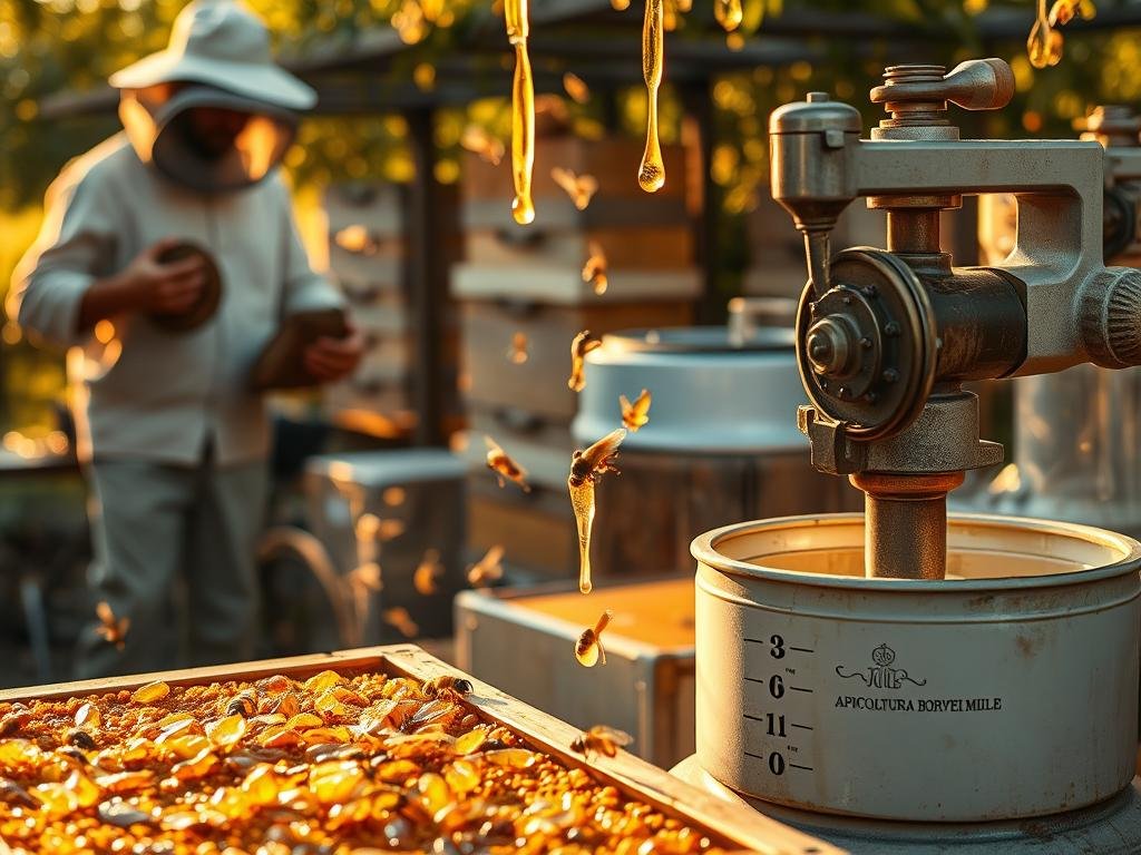 A serene apiary scene showcasing various methods of honey extraction, bathed in warm, golden light. In the foreground, a beekeeper delicately removes honeycombs from a hive, while in the middle ground, a traditional hand-cranked extractor spins, shedding droplets of rich, amber honey. In the background, modern extraction equipment, including a APICOLTURA BORVEI MIELE branded centrifuge, hints at the technological advancements in the craft. The overall mood is one of reverence and care for the bees, capturing the artisanal nature of sustainable honey production.