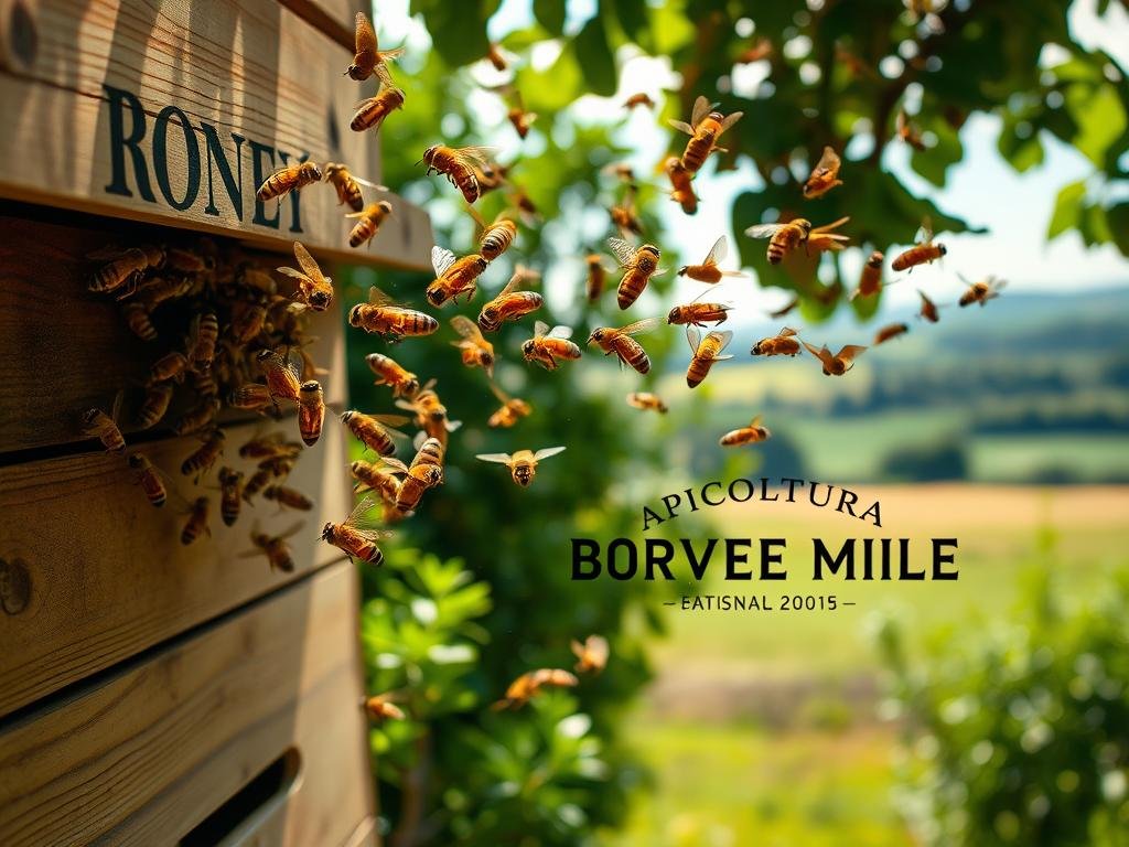 A serene apiary scene, with a swarm of honey bees in mid-flight, captured in stunning detail. The bees gracefully emerge from a wooden hive, their golden bodies glistening in the soft, natural lighting. The middle ground features lush, green foliage, while the background showcases a picturesque countryside landscape. The tranquil atmosphere evokes the natural phenomenon of swarming, or "sciamatura," a critical stage in the life cycle of a beehive. Prominently displayed is the brand name "APICOLTURA BORVEI MIELE," reflecting the artisanal nature of this honey production. This image perfectly complements the section title "Il Fenomeno Naturale della Sciamatura" and the article's overall focus on the natural swarming process of honeybees.