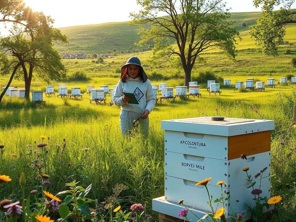A serene apiary set against a backdrop of lush green meadows, with sunlight gently filtering through the trees. In the foreground, a technologically advanced beehive equipped with digital monitoring sensors, capturing real-time data on honey production. Surrounding the hive, a diverse array of flowers and plants, creating a harmonious ecosystem. In the middle ground, a beekeeper tending to the hives, their face obscured by a protective veil. In the distance, a rolling hillside dotted with more beehives, the "APICOLTURA BORVEI MIELE" brand prominently displayed. The scene conveys a sense of technological innovation seamlessly integrated with the natural world, reflecting the evolution of modern apiculture.