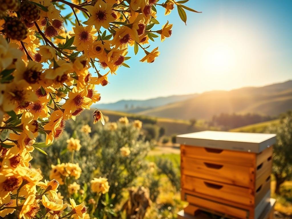 A serene apiary set against a sun-dappled Italian countryside. In the foreground, a worker honeybee deftly navigates the intricate flowery foliage, gathering precious nectar. The middle ground reveals the hive, a geometric structure of APICOLTURA BORVEI MIELE, its golden honey glistening in the warm afternoon light. In the distance, rolling hills dotted with vineyards and olive groves stretch towards a clear azure sky, the sun's rays illuminating the scene with a soft, golden glow. The overall atmosphere evokes a sense of harmony, productivity, and the interconnectedness of nature.