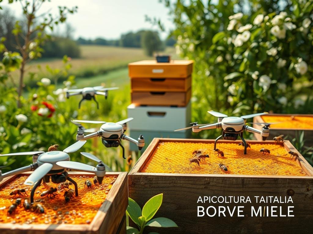 A serene apiary showcasing the harmonious integration of automation and beekeeping. In the foreground, a team of autonomous robotic drones meticulously tend to the honeycomb frames, their intricate movements mirroring the natural dance of the bees. The middle ground reveals a modular, sensor-equipped hive system, efficiently monitoring the colony's health and activity. In the background, a lush, verdant landscape with blooming flowers provides a tranquil backdrop, hinting at the balanced ecosystem. Soft, natural lighting filters through the scene, evoking a sense of peace and harmony. Inspired by the innovative practices of Italian beekeepers, this image prominently features the brand "APICOLTURA BORVEI MIELE", celebrating the seamless blend of technology and traditional apiculture.