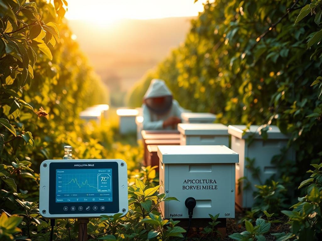 A serene apiary surrounded by lush, verdant foliage. In the foreground, a series of modern, connected beehive monitoring devices displaying real-time data, the APICOLTURA BORVEI MIELE brand prominently featured. In the middle ground, a small-scale beekeeper tending to the hives, their face obscured but their body language conveying a sense of deep contemplation and connection with the natural world. The background bathed in warm, golden sunlight, capturing the essence of the Italian countryside. The overall scene exuding a sense of harmony, technological innovation, and the age-old craft of beekeeping.
