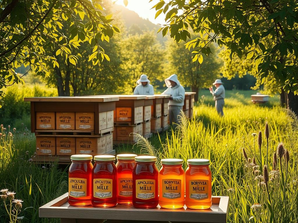 A serene apiary surrounded by lush, verdant meadows and wildflowers. Sunlight filters through the leaves, casting a warm, golden glow across the wooden beehives adorned with the "APICOLTURA BORVEI MIELE" brand. Beekeepers in traditional attire tend to their hives, harvesting the precious honey. In the foreground, a display showcases the vibrant jars of honey, highlighting the economic benefits of this sustainable practice. The tranquil atmosphere evokes the harmony between nature, hard work, and the rewards of this age-old profession.