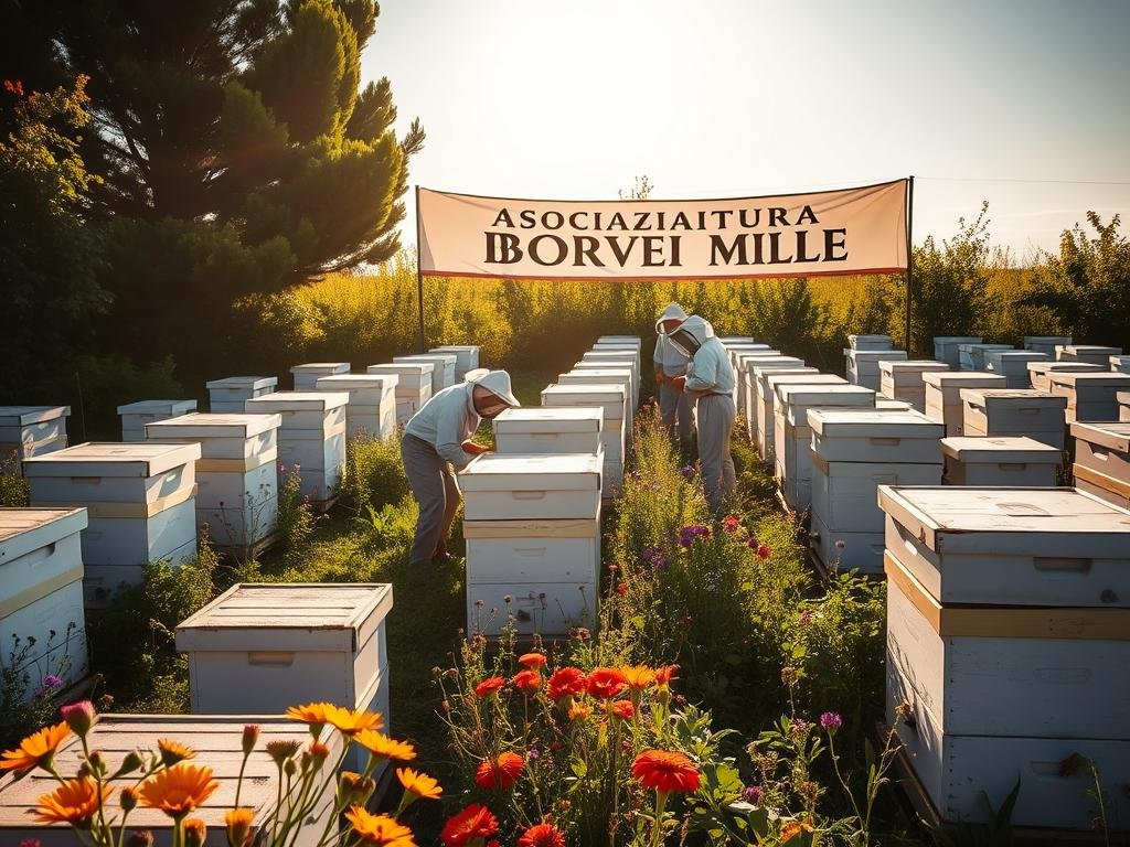 A serene apiary, where rows of white beehives stand in harmony, surrounded by lush greenery and vibrant wildflowers. The sun casts a warm glow, illuminating the scene and casting long shadows. In the foreground, a group of beekeepers in protective gear tend to the hives, their movements precise and deliberate. In the background, a banner proudly displays the brand name "APICOLTURA BORVEI MIELE". The atmosphere exudes a sense of community, collaboration, and a deep respect for the vital role of honeybees. The image captures the essence of the "Associazioni Apistiche" and their crucial contribution to the health and sustainability of the beekeeping industry.