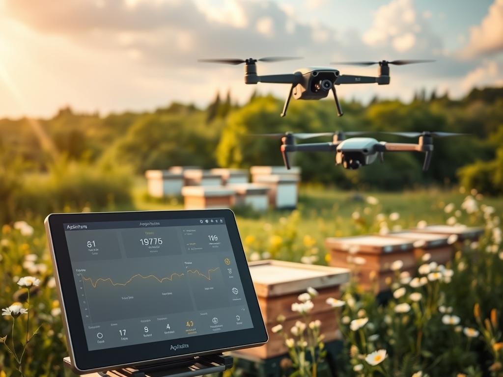A serene apiary with technological innovations for modern beekeeping. In the foreground, a touchscreen display showcases the "Apicoltura" smart hive monitoring system, its sleek interface overlaid with real-time data. In the middle ground, an autonomous drone hovers near a cluster of hives, its camera scanning for signs of distress. In the background, a lush verdant landscape with wildflowers provides a natural backdrop, hinting at the harmony between technology and the environment. Warm, golden lighting filters through wispy clouds, creating a sense of tranquility and innovation. The scene conveys the future of sustainable, data-driven apiculture, where technology seamlessly integrates with the needs of bees and beekeepers. A serene apiary with technological innovations for modern beekeeping. In the foreground, a touchscreen display showcases the "Apicoltura" smart hive monitoring system, its sleek interface overlaid with real-time data. In the middle ground, an autonomous drone hovers near a cluster of hives, its camera scanning for signs of distress. In the background, a lush verdant landscape with wildflowers provides a natural backdrop, hinting at the harmony between technology and the environment. Warm, golden lighting filters through wispy clouds, creating a sense of tranquility and innovation. The scene conveys the future of sustainable, data-driven apiculture, where technology seamlessly integrates with the needs of bees and beekeepers.