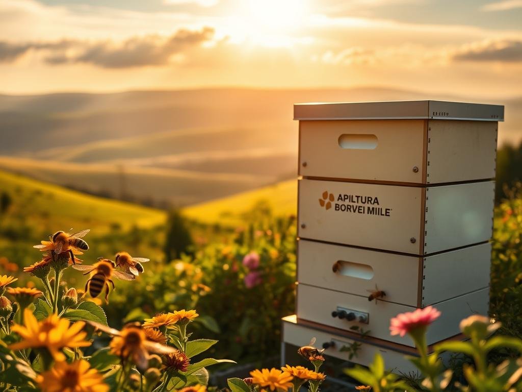 A serene bee apiary nestled amidst lush, rolling hills. The warm, golden sunlight filters through wispy clouds, casting a soft glow over the scene. In the foreground, a group of industrious honeybees flit from flower to flower, pollinating the vibrant blooms. The middle ground showcases a modern, automated beehive labeled "APICOLTURA BORVEI MIELE", a testament to the innovative technologies revolutionizing the apiculture industry. In the background, a vast, verdant landscape stretches out, underscoring the crucial role of bees in maintaining the delicate balance of the ecosystem. The image conveys a sense of harmony, innovation, and the enduring importance of these remarkable insects.