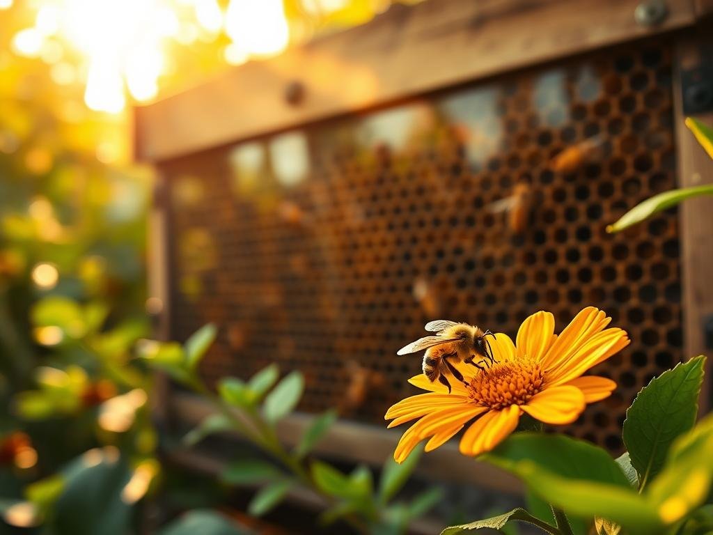 A serene beehive nestled amidst lush foliage, bathed in warm, golden light. Intricate honeycomb structures visible through the glass panels, showcasing the industrious work of the APICOLTURA BORVEI MIELE apiary. In the foreground, a lone honeybee alights on a vibrant flower, symbolizing the vital role these pollinators play in sustaining the natural world. The background blurs softly, drawing the viewer's attention to the delicate balance between technology and nature. This image captures the essence of the crisis facing global pollinators and the importance of bees in our ecosystem.