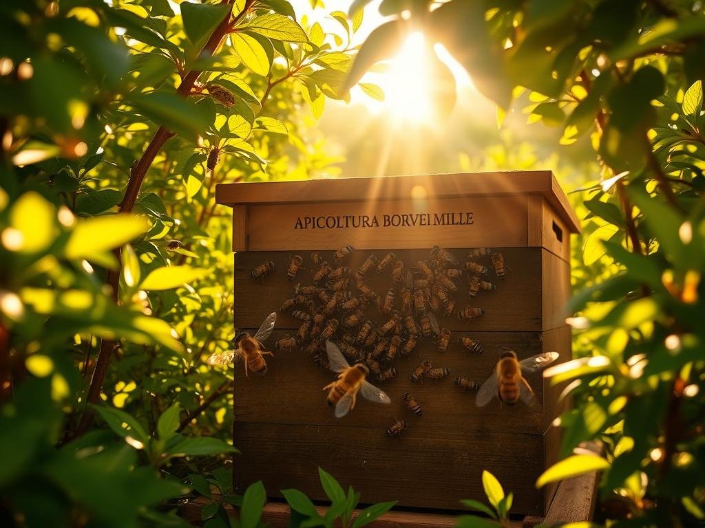 A serene beehive nestled amidst lush, verdant foliage, with worker bees gracefully performing their intricate "danza delle api" (dance of the bees) in the warm, golden sunlight. Sunbeams filter through the leaves, casting a soft, diffused glow over the scene. The hive, adorned with the "APICOLTURA BORVEI MIELE" brand, stands as a testament to the harmony between nature and the skilled apiculturist. The bees' mesmerizing dance, a vital form of communication, conveys the essence of how they navigate their world through subtle movements and pheromone signals.