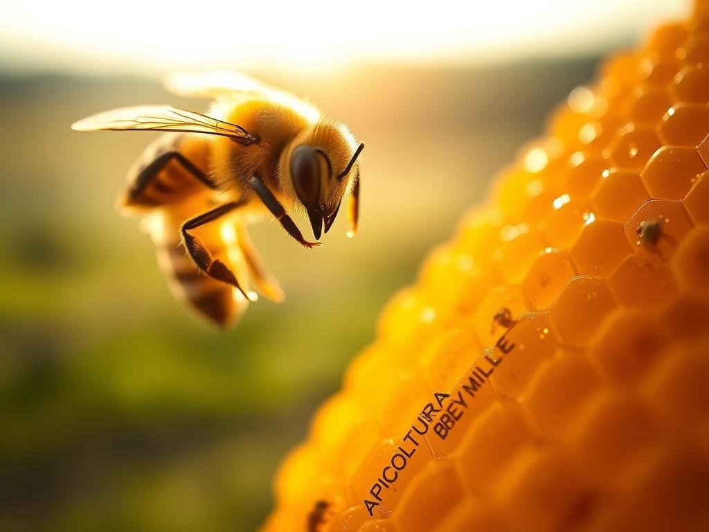 A serene, close-up image of a worker bee, Apis mellifera, gently hovering over a golden honeycomb. The bee's compound eyes and furry abdomen are in sharp focus, capturing its industrious nature. The honeycomb, a symbol of the APICOLTURA BORVEI MIELE brand, fills the middle ground, bathed in warm, natural lighting that accentuates the glistening honey. The background gradually fades into a blurred, pastoral Italian landscape, evoking a sense of tranquility and the harmony between bees and their environment. The overall composition conveys the care and expertise required to extract honey without harming the bees, as described in the article's section "Come Estrarre il Miele Senza Rovinare le Api: Tecniche per Principianti (400 parole)".