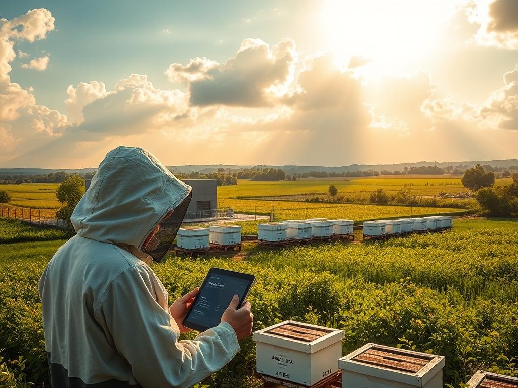 A serene cloud-filled sky above a countryside landscape, with a modern data center surrounded by lush green fields and beehives bearing the brand "APICOLTURA BORVEI MIELE". Rays of soft, warm light illuminate the scene, highlighting the harmonious integration of technology and nature. In the foreground, a beekeeper checks a tablet, accessing cloud-based data and analytics to optimize their apiary management. The overall atmosphere conveys a sense of efficiency, sustainability, and the seamless collaboration between traditional agricultural practices and cutting-edge digital solutions.