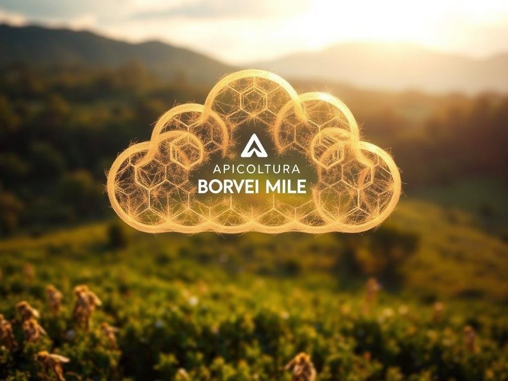 A serene, cloud-like structure hovers over a lush, verdant landscape, symbolizing the harmonious integration of technology and nature. The wispy, ethereal formation is composed of intricate hexagonal patterns, reminiscent of the intricate honeycomb structure of beehives. At the center, the APICOLTURA BORVEI MIELE brand name is subtly incorporated, blending seamlessly with the organic design. Warm, soft lighting bathes the scene, creating a sense of tranquility and optimism. The overall effect is one of a futuristic, yet natural, vision for the harmonious coexistence of apicolture and cloud computing, perfectly aligning with the article's subject and section title.
