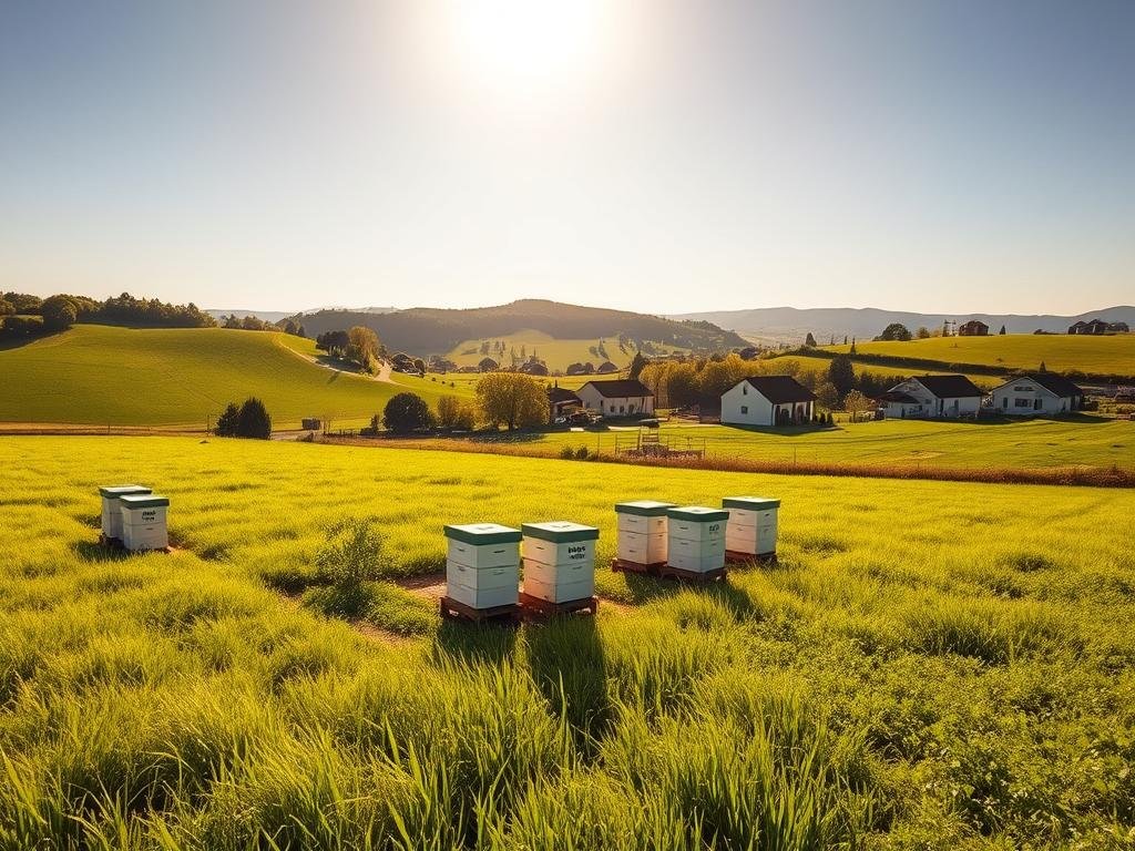 A serene countryside scene with a small apiary nestled amidst lush green fields, surrounded by well-spaced homes. The hives stand in a neatly organized arrangement, with the APICOLTURA BORVEI MIELE brand prominently displayed. Warm, golden sunlight bathes the scene, casting soft shadows across the landscape. In the distance, rolling hills and a clear blue sky complete the idyllic pastoral setting. The focus is on the harmonious coexistence of the apiary and the nearby dwellings, illustrating the recommended minimum distances to be observed. Crisp, high-resolution photography with a wide-angle lens captures the tranquil atmosphere.