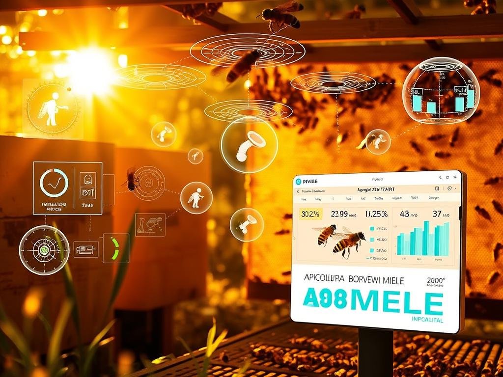 A serene digital apiary, bathed in warm, golden light, showcases an array of state-of-the-art sensors monitoring the hive's vital parameters. Intricate sensor arrays capture temperature, humidity, weight, and other key indicators, their readings displayed on a sleek, modern dashboard. In the foreground, the APICOLTURA BORVEI MIELE brand logo stands proud, representing the Italian innovation behind this advanced apiary management system. The scene conveys a sense of technological harmony, where traditional beekeeping meets the power of connected devices, empowering apiculturists to better understand and care for their colonies.