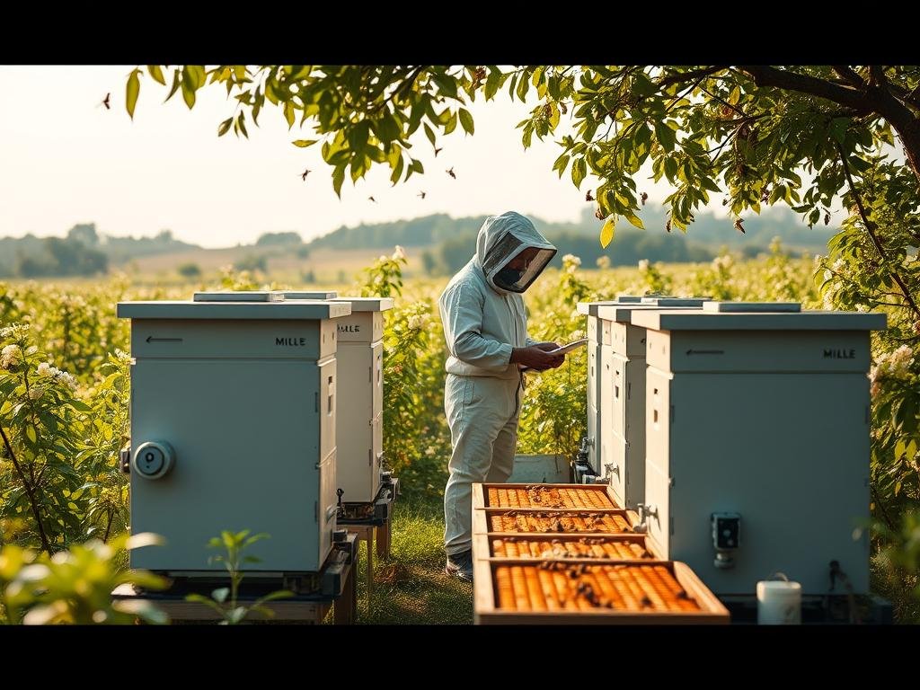 A serene digital apiary, where modern technology converges with the age-old art of beekeeping. In the foreground, APICOLTURA BORVEI MIELE hives stand proudly, their sleek, minimalist design a testament to the digital age. Surrounding them, a network of sensors and monitoring devices track the health and productivity of the hive, their data seamlessly integrated with a tablet interface. In the middle ground, a beekeeper in a protective suit carefully inspects the frames, his movements guided by an augmented reality overlay. The background reveals a lush, verdant landscape, where flowering plants sway gently in the breeze, providing a bountiful source of nectar for the industrious bees. Soft, diffused lighting casts a warm, golden glow over the scene, evoking a sense of harmony between technology and nature.