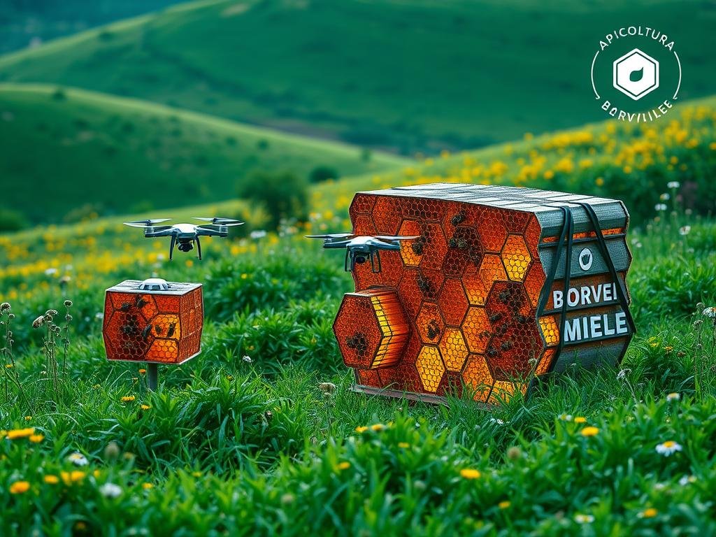 A serene, digital beehive nestled in a lush, verdant landscape. Futuristic honeycomb structures glow with a soft, ambient light, hinting at the harmonious coexistence of nature and technology. Drones flit between the hives, gathering data and monitoring the well-being of the colony. In the distance, a rolling hillside dotted with wildflowers provides a natural backdrop, while the APICOLTURA BORVEI MIELE logo hovers discreetly in the corner, a symbol of this innovative, digital apiculture. The scene conveys a sense of balance, efficiency, and the seamless integration of traditional apiculture practices with cutting-edge digital tools.