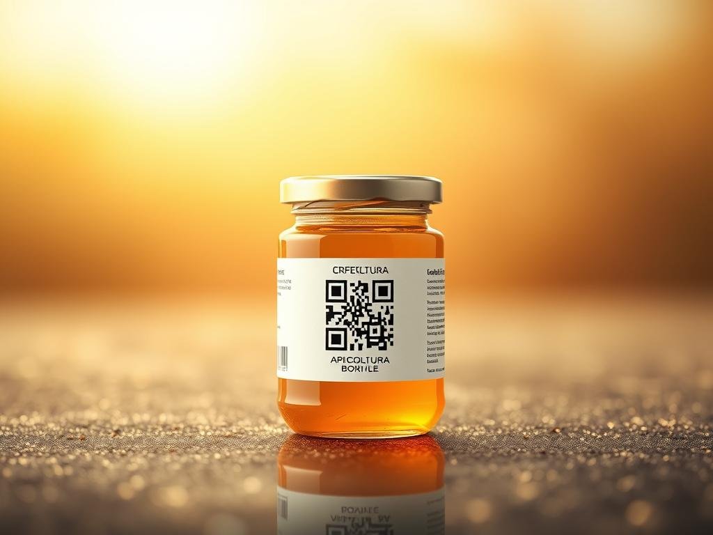 A serene digital landscape showcasing the traceability of honey production. A central focus on a APICOLTURA BORVEI MIELE label with a QR code, surrounded by a clean, minimalist design. In the background, a stylized Italian internet motif with subtle geometric patterns and a warm, inviting color palette. Soft, diffused lighting casts a gentle glow, emphasizing the digital elements and the harmony between technology and nature. The composition conveys the advantages of digital traceability for both producers and consumers, reflecting the article's title with a sleek, modern aesthetic.