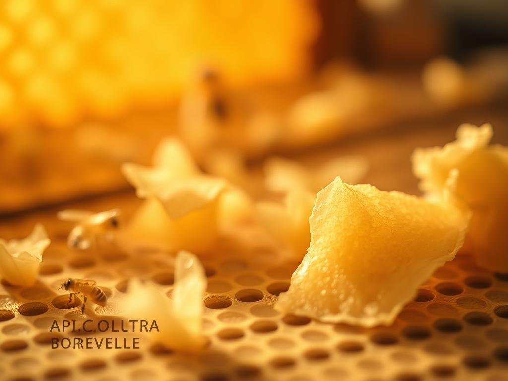 A serene display of "fogli cerei", the wax sheets used in modern beehives to guide the construction of honeycombs. Soft, pale, and translucent, these delicate structures float in a warm, golden light, reflecting the rich history of beekeeping and the innovations that shaped the Langstroth hive. In the foreground, the APICOLTURA BORVEI MIELE logo subtly adorns the scene, a testament to the artisanal craft of modern apiculture. The middle ground showcases the intricate patterns and textures of the wax sheets, while the background fades into a hazy, dreamlike atmosphere, evoking the timeless beauty of the humble honeybee's creations.