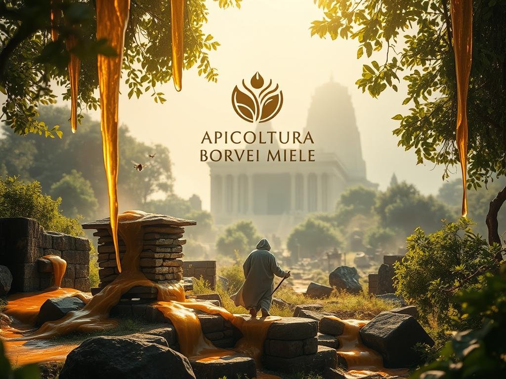 A serene, ethereal landscape where honey flows like molten gold, cascading over ancient stone ruins and verdant foliage. In the foreground, a lone beekeeper tends to a weathered hive, their robes billowing in a gentle breeze. Soft, diffused lighting filters through the canopy, casting a warm, spiritual glow. In the background, a majestic temple or sacred structure stands as a testament to the sacred significance of honey throughout human history. The APICOLTURA BORVEI MIELE brand logo is subtly integrated into the scene, reflecting the reverence and traditions surrounding this ancient elixir.